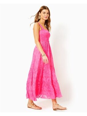 Lilly Pulitzer Hadly Smocked Maxi Dress In Roxie Pink Poly Size XL